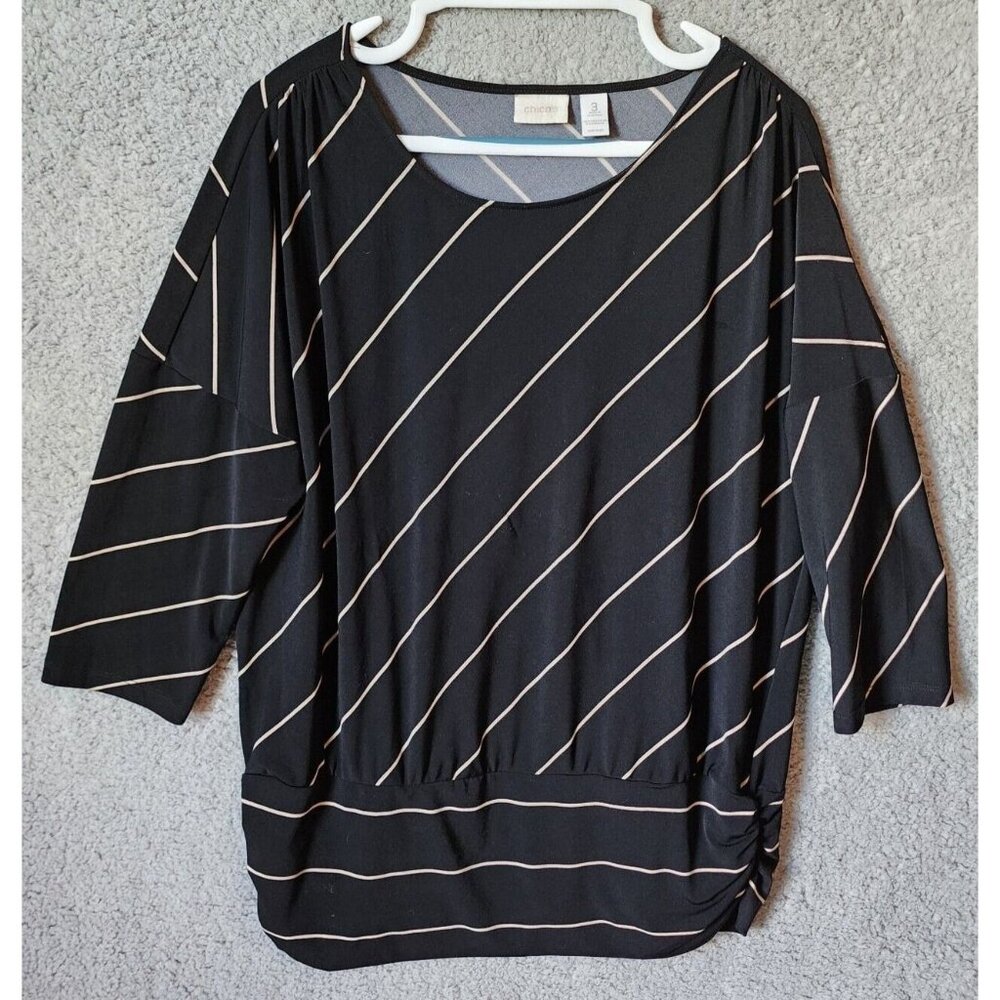 Chico's Women's Short Dolman Sleeve Blouse Top Black/White Striped Size 3 (XL)